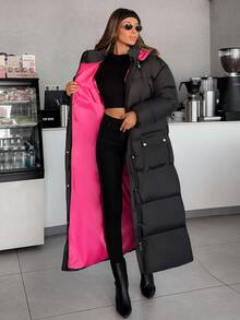 SHEIN Women Contrast Lining Detailed Regular Fit Winter Coats - Black - View 4