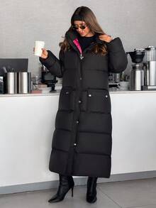 SHEIN Women Contrast Lining Detailed Regular Fit Winter Coats - Black - View 6