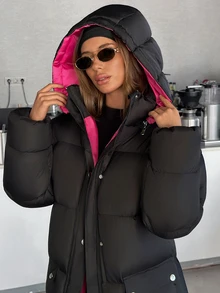 SHEIN Women Contrast Lining Detailed Regular Fit Winter Coats - Black - View 5