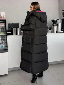 SHEIN Women Contrast Lining Detailed Regular Fit Winter Coats - Black - View 2