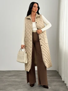 Pariaura Damen gepolsterte Stil Taschen detaillierte lange Westen - Beige - Übersicht 9