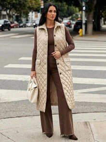 Pariaura Damen gepolsterte Stil Taschen detaillierte lange Westen - Beige - Übersicht 3