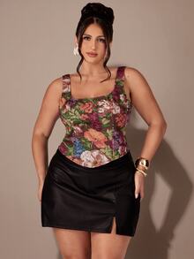 SHEIN BAE CURVE 大尺碼女款花卉印花 1950 年代復古優雅上衣 緹花甜心領束腰外出約會晚宴棕色夏季 - 彩色 - 查看 2