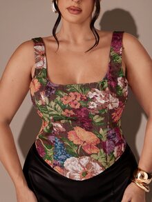 SHEIN BAE CURVE 大尺碼女款花卉印花 1950 年代復古優雅上衣 緹花甜心領束腰外出約會晚宴棕色夏季 - 彩色 - 查看 7