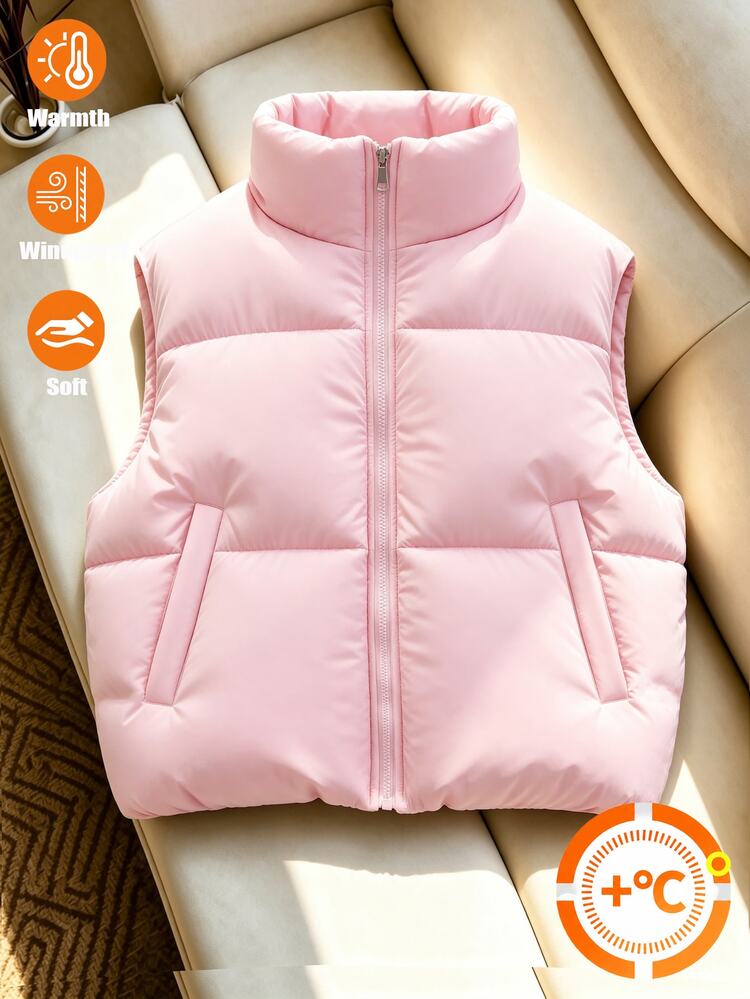 SHEIN Teen Girls Stand Collar Crop Vest Pink Sleeveless Autumn Jacket Cute Cargo Cute Cargo - Pink - View 4