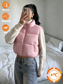 SHEIN 青少年女孩立領短版背心 粉色無袖秋季夾克 可愛工裝風 - 粉色 - 查看 6