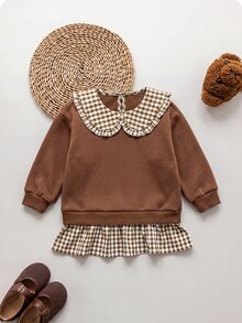 SHEIN 女嬰可愛休閒拼接格紋彼得潘領長洋裝，秋冬款 - 棕色 - 查看 2
