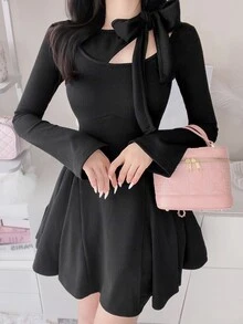 FRIFUL Women's Solid Color Bowknot Design Casual Daily Summer Dress - Grey - View 5