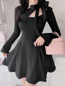 FRIFUL Women's Solid Color Bowknot Design Casual Daily Summer Dress - Grey - View 4