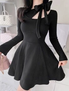 FRIFUL Women's Solid Color Bowknot Design Casual Daily Summer Dress - Grey - View 2