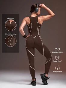 Powerista Women's Black Contrast Stitching Seamless Sports Tank Top & 9/10 Length Tight Leggings Set - Brown - View 2