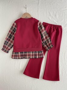SHEIN Playful Pals 2件組少女長袖圓領上衣與喇叭褲套裝，甜美優雅酒紅色格紋蝴蝶結荷葉邊拼接設計，聖誕秋季假日連身裙風套裝 - 酒紅色 - 查看 2