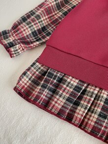 SHEIN Playful Pals 2件組少女長袖圓領上衣與喇叭褲套裝，甜美優雅酒紅色格紋蝴蝶結荷葉邊拼接設計，聖誕秋季假日連身裙風套裝 - 酒紅色 - 查看 7