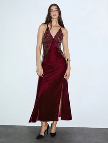 MOTF PREMIUM Party Velvet & Sequin Patchwork Deep V-Neck Halter Backless High Slit Long Dress, Autumn/Winter - Burgundy - View 3