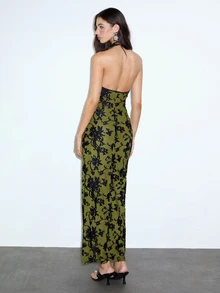 MOTF PREMIUM Contrast Trim Cheongsam Collar Jacquard Fitted Dress - Army Green - View 2