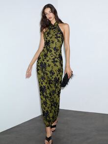 MOTF PREMIUM Contrast Trim Cheongsam Collar Jacquard Fitted Dress - Army Green - View 3