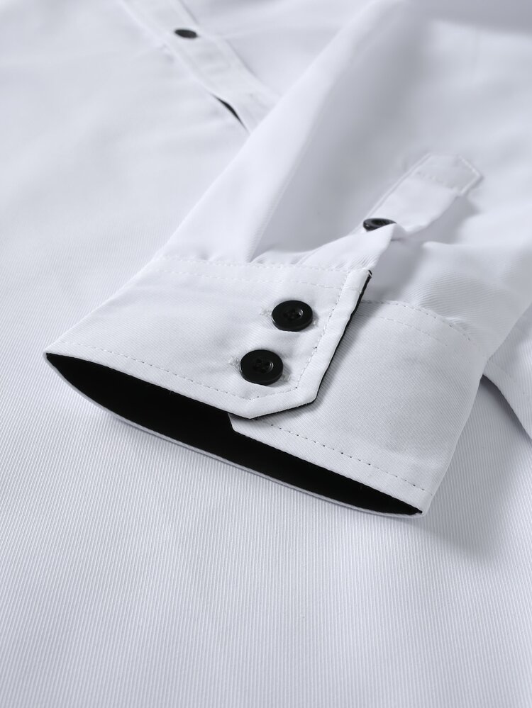 Manfinity Bizformal Men's Solid Color Twill Collared Button-Down Long Sleeve Shirt, Slim Fit Business Casual Versatile Dress Shirt - White - View 7