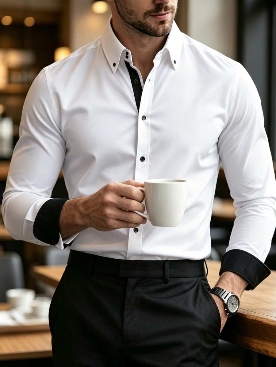 Manfinity Bizformal Men's Solid Color Twill Collared Button-Down Long Sleeve Shirt, Slim Fit Business Casual Versatile Dress Shirt - White - View 1