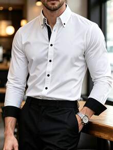Manfinity Bizformal Men's Solid Color Twill Collared Button-Down Long Sleeve Shirt, Slim Fit Business Casual Versatile Dress Shirt - White - View 5