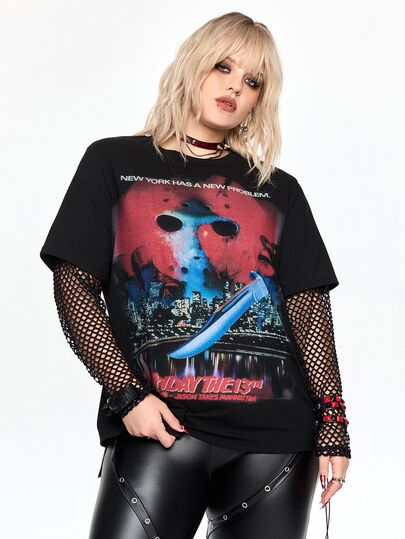 Friday the 13th X ROMWE IP Collab Friday The 13th Grafikdruck Mesh Patchwork Halloween Damen Große Größen Loose Fit T-Shirt