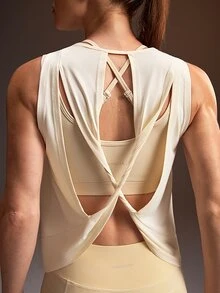 Powerista Women's Beige Backless Twisted Knot Sports Tank Top - Beige - View 1
