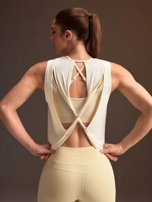 Powerista Women's Beige Backless Twisted Knot Sports Tank Top - Beige - View 3