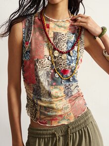 Bohemela Plus Size Women's Patchwork Print Sleeveless Casual Vacation Top - Multicolor - View 4