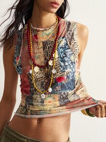 Bohemela Plus Size Women's Patchwork Print Sleeveless Casual Vacation Top - Multicolor - View 1