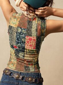 Bohemela Plus Size Women's Patchwork Print Sleeveless Casual Vacation Top - Multicolor - View 5