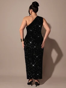 SHEIN BAE CURVE Plus Size Women Black Velvet Sequin Sleeveless Dress, Elegant Party Dress - Black - View 4