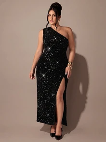 SHEIN BAE CURVE Plus Size Women Black Velvet Sequin Sleeveless Dress, Elegant Party Dress - Black - View 5