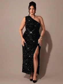 SHEIN BAE CURVE Plus Size Women Black Velvet Sequin Sleeveless Dress, Elegant Party Dress - Black - View 7