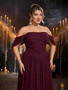 Glamrae Plus Size Elegant Burgundy Glossy Mesh Off-Shoulder Ruched Waist Hand-Woven Rope Oversized A-Line Skirt, Suitable For Dating, Bachelorette Party, Wedding, Formal Evening Event Dress - Burgundy - View 10