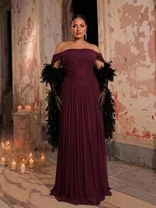 Glamrae Plus Size Elegant Burgundy Glossy Mesh Off-Shoulder Ruched Waist Hand-Woven Rope Oversized A-Line Skirt, Suitable For Dating, Bachelorette Party, Wedding, Formal Evening Event Dress - Burgundy - View 8