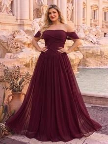 Glamrae Plus Size Elegant Burgundy Glossy Mesh Off-Shoulder Ruched Waist Hand-Woven Rope Oversized A-Line Skirt, Suitable For Dating, Bachelorette Party, Wedding, Formal Evening Event Dress - Burgundy - View 1