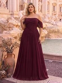 Glamrae Plus Size Elegant Burgundy Glossy Mesh Off-Shoulder Ruched Waist Hand-Woven Rope Oversized A-Line Skirt, Suitable For Dating, Bachelorette Party, Wedding, Formal Evening Event Dress - Burgundy - View 2