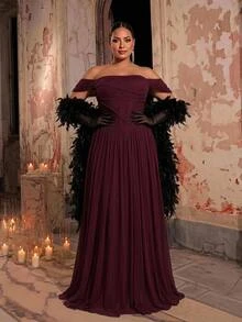 Glamrae Plus Size Elegant Burgundy Glossy Mesh Off-Shoulder Ruched Waist Hand-Woven Rope Oversized A-Line Skirt, Suitable For Dating, Bachelorette Party, Wedding, Formal Evening Event Dress - Burgundy - View 7