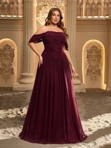 Glamrae Plus Size Elegant Burgundy Glossy Mesh Off-Shoulder Ruched Waist Hand-Woven Rope Oversized A-Line Skirt, Suitable For Dating, Bachelorette Party, Wedding, Formal Evening Event Dress - Burgundy - View 5