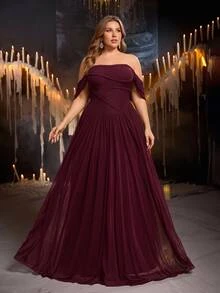 Glamrae Plus Size Elegant Burgundy Glossy Mesh Off-Shoulder Ruched Waist Hand-Woven Rope Oversized A-Line Skirt, Suitable For Dating, Bachelorette Party, Wedding, Formal Evening Event Dress - Burgundy - View 6