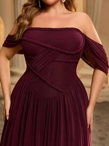 Glamrae Plus Size Elegant Burgundy Glossy Mesh Off-Shoulder Ruched Waist Hand-Woven Rope Oversized A-Line Skirt, Suitable For Dating, Bachelorette Party, Wedding, Formal Evening Event Dress - Burgundy - View 4