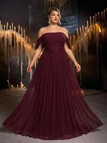 Glamrae Plus Size Elegant Burgundy Glossy Mesh Off-Shoulder Ruched Waist Hand-Woven Rope Oversized A-Line Skirt, Suitable For Dating, Bachelorette Party, Wedding, Formal Evening Event Dress - Burgundy - View 11