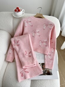 Girls' Autumn/Winter Fashion Casual Heart Pattern Jacquard Knit Sweater Long Sleeve Cardigan And Long Pants Set With Handmade Bow Decor Pullover - Dusty Pink - View 2