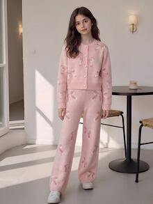 Girls' Autumn/Winter Fashion Casual Heart Pattern Jacquard Knit Sweater Long Sleeve Cardigan And Long Pants Set With Handmade Bow Decor Pullover - Dusty Pink - View 3