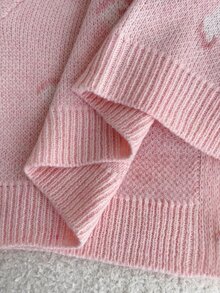Girls' Autumn/Winter Fashion Casual Heart Pattern Jacquard Knit Sweater Long Sleeve Cardigan And Long Pants Set With Handmade Bow Decor Pullover - Dusty Pink - View 7