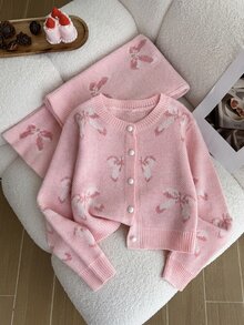 Girls' Autumn/Winter Fashion Casual Heart Pattern Jacquard Knit Sweater Long Sleeve Cardigan And Long Pants Set With Handmade Bow Decor Pullover - Dusty Pink - View 4