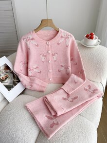 Girls' Autumn/Winter Fashion Casual Heart Pattern Jacquard Knit Sweater Long Sleeve Cardigan And Long Pants Set With Handmade Bow Decor Pullover - Dusty Pink - View 5