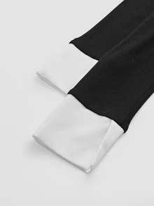SHEIN EZwear 秋冬學院風刷毛羅紋黑白拼接 2 合 1 上衣，黑色雙排扣收腰女式襯衫 - 黑與白 - 查看 5