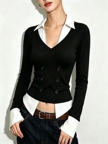 SHEIN EZwear 秋冬學院風刷毛羅紋黑白拼接 2 合 1 上衣，黑色雙排扣收腰女式襯衫 - 黑與白 - 查看 1