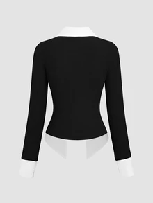 SHEIN EZwear 秋冬學院風刷毛羅紋黑白拼接 2 合 1 上衣，黑色雙排扣收腰女式襯衫 - 黑與白 - 查看 2