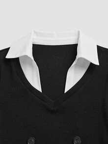 SHEIN EZwear 秋冬學院風刷毛羅紋黑白拼接 2 合 1 上衣，黑色雙排扣收腰女式襯衫 - 黑與白 - 查看 6